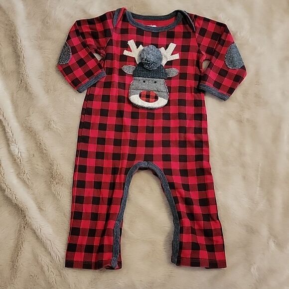 MUD PIE BUFFALO PLAID REINDEER ROMPER, SIZE 9-12 MONTHS - Picture 1 of 10